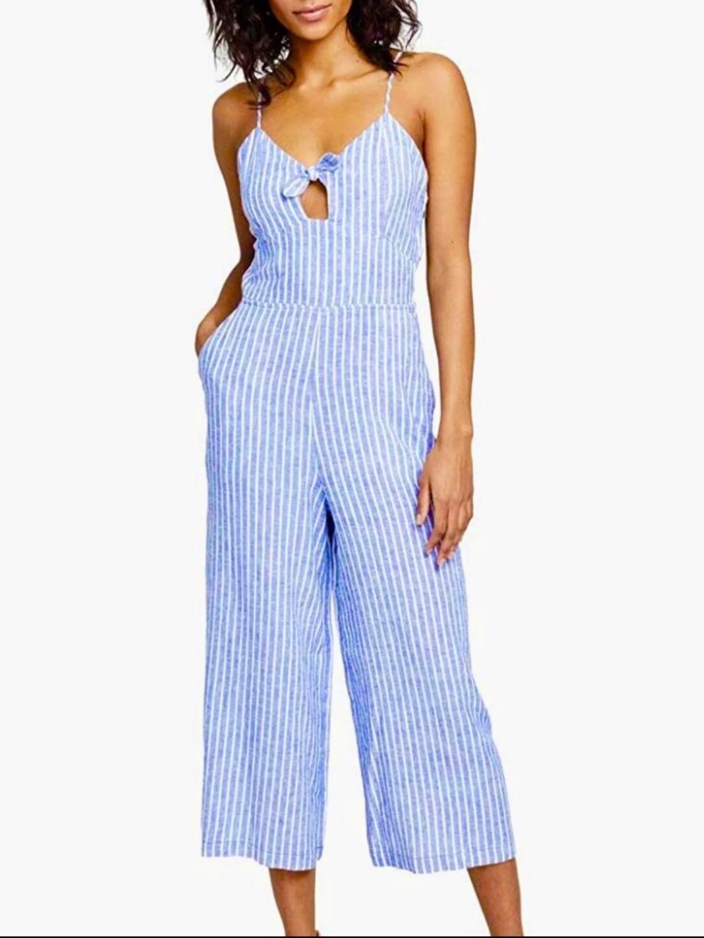 Aqua Blue and White Striped Halter Jumpsuit